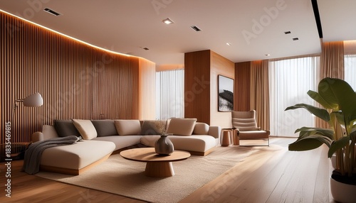 modern living room with warm wood tones