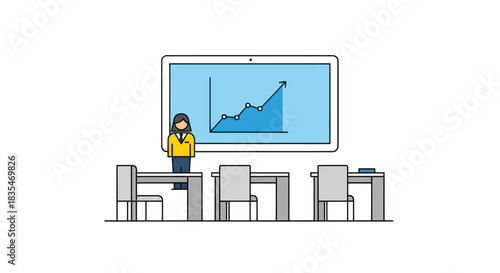 Flat illustration of presentation room with woman presenter and upward graph
