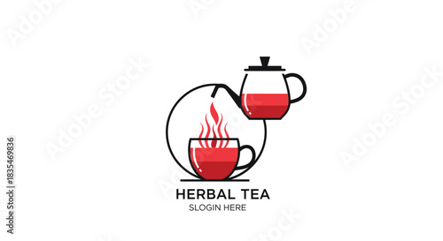 Stylized herbal tea logo teapot pouring into a steaming cup
