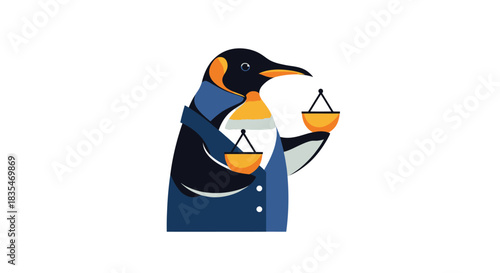 Cartoon penguin in blue suit holding scales of justice