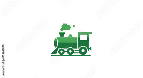 Green, stylized train engine emitting steam