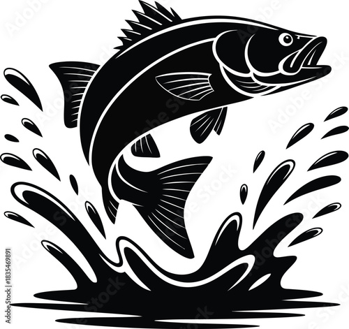 Black bass fish jumping out of water with a splash silhouette