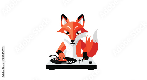 Cartoon fox DJ playing music on a record player