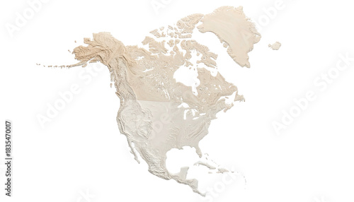 A creamy, topographic map depiction of North America with a black background