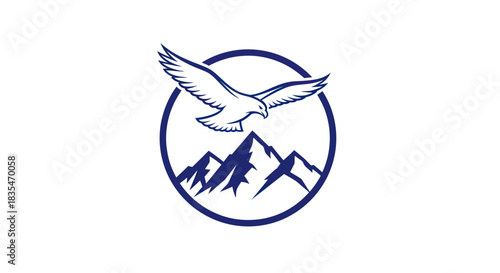 Eagle Soaring Above Mountain Peaks in Circular Emblem.