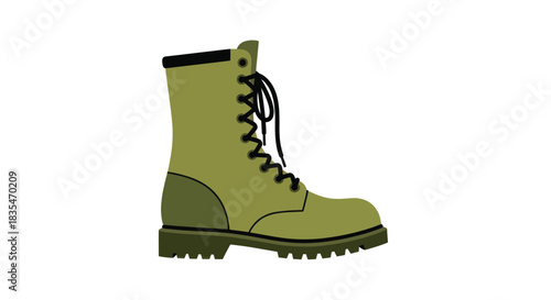 Isolated green boot with black laces and sole, mid-calf height