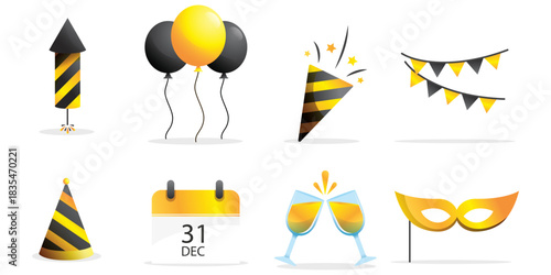 Festive celebration icons set: new year's eve party elements
