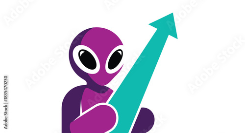Stylized purple alien with large eyes points a teal arrow upwards