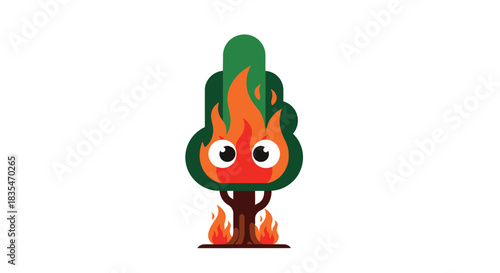 Cartoon tree with flames for leaves and base, big eyes