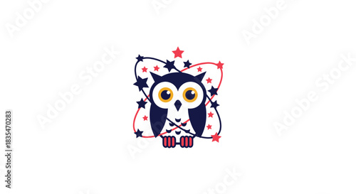 A stylized, navy owl surrounded by star trails