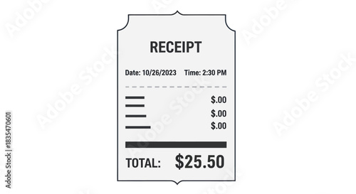 Illustration of a receipt with date, time, line items and total