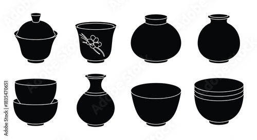 Collection of black silhouette water bottles in various shapes and sizes