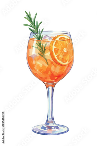 Winter Aperol Spritz with orange and rosemary - vector watercolor cocktail