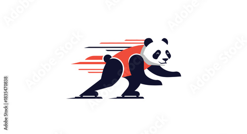Cartoon panda figure ice skating with motion lines in red and black