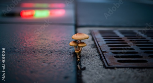 Fototapeta Naklejka Na Ścianę i Meble -  Urban Mushroom, City Life Fungi Growing in Sidewalk Crack