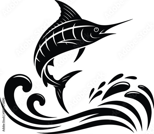 Black marlin swordfish jumping ocean wave silhouette