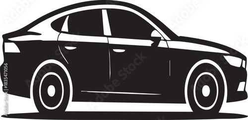 A minimalist, black silhouette of a modern sedan is depicted from a side profile against a subtle gray gradient background.