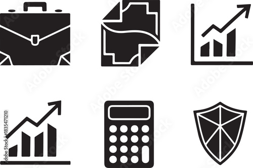 Business and finance icon set portfolio document graph calculator shield