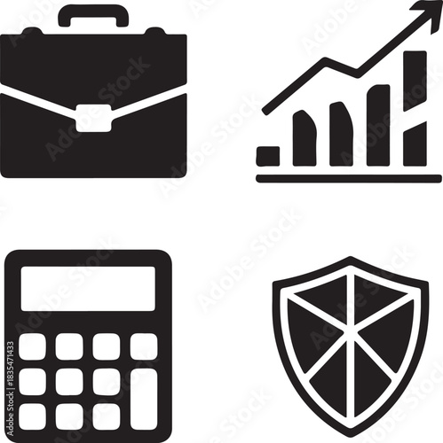 Business and finance icons portfolio growth chart calculator and security shield