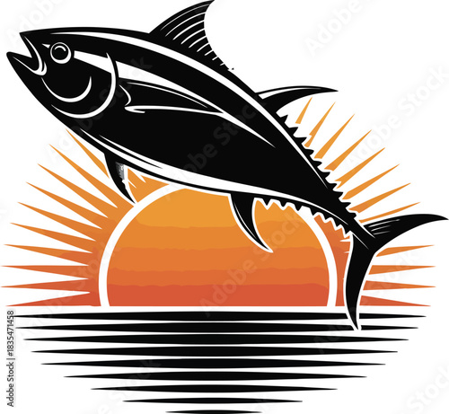 Black tuna silhouette jumping during an orange sunset