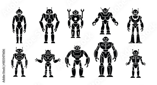 Diverse collection of black robot silhouettes arranged in a grid pattern