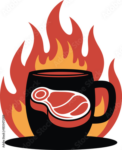 Fiery hot coffee mug with steak silhouette