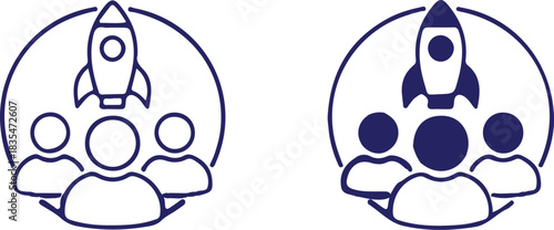 startup team rocket bule icons set two set vector illustration design