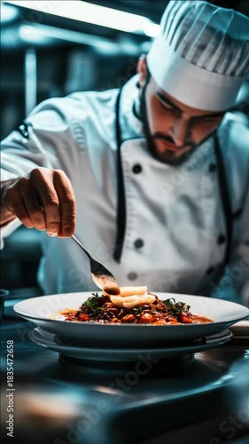 A professional chef in a white uniform is carefully placing food on a plate using a utensil. The setting appears to be a kitchen with dim lighting that highlights the focus on culinary presentation.