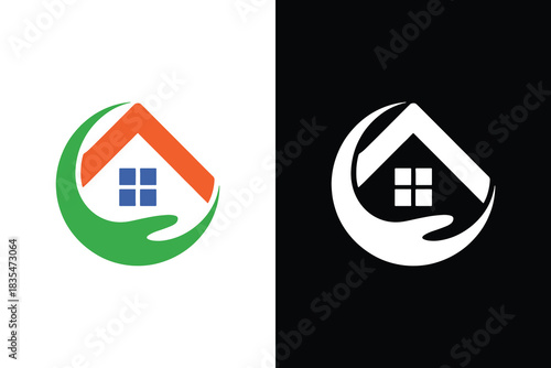 House protected by caring hands and green leaf emblem logo design