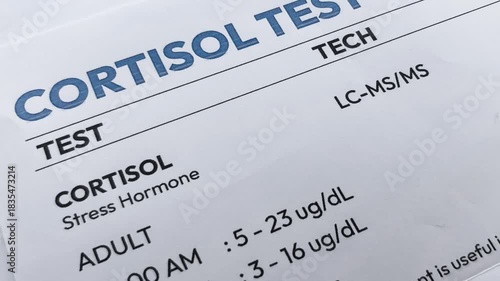 Cortisol test medical report 4k footage close up, Stress harmone Adult, haromes.