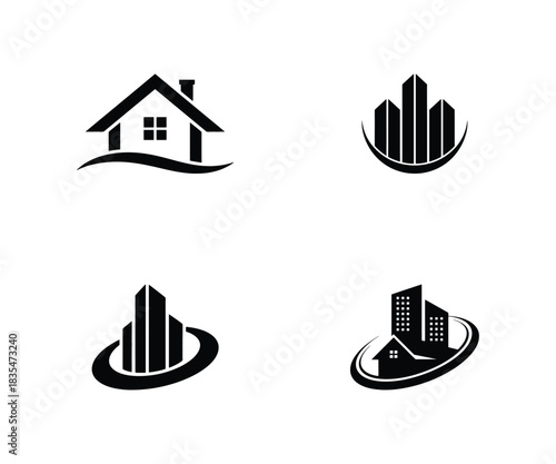 Black and white real estate and city building logo