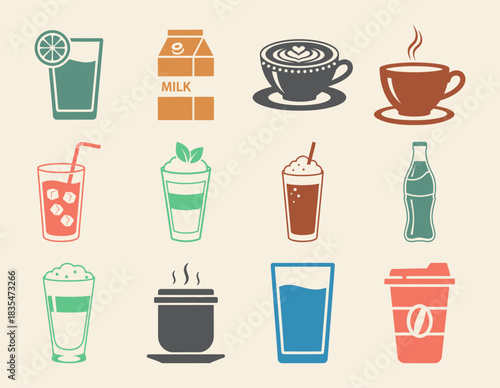 Solid style hot drinks and beverage icons for menus featuring coffee tea cappuccino smoothie latte soda and teacup designs with background color variants