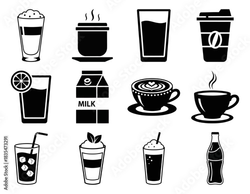 Comprehensive hot drinks and beverages silhouette icon set featuring solid style coffee tea and refreshment symbols for menu design including teacup iced drink cappuccino smoothie latte and soda