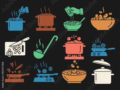 Solid filled icon set depicting bean stew preparation stages including soaking beans chopping vegetables saut ing and simmering presented on a black background with color accents