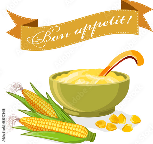 Advertising banner with delicious corn porridge in a bowl and corn on the cob.Vector color banner with corn cobs and porridge in a bowl on a transparent background with text.