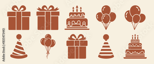A vibrant collection of solid filled birthday celebration icons featuring a gift box cake balloons and party hat on a brown background