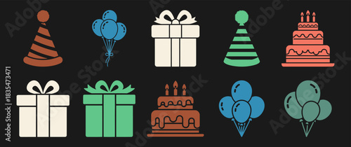 Diverse collection of solid filled birthday celebration icons featuring gift boxes cakes balloons and party hats on a black background with color variations