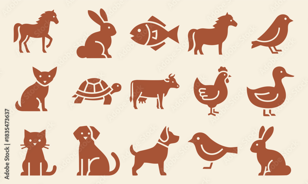 Obraz premium Comprehensive collection of solid filled companion animal icons featuring dog cat bird rabbit horse fish turtle hamster on a brown background
