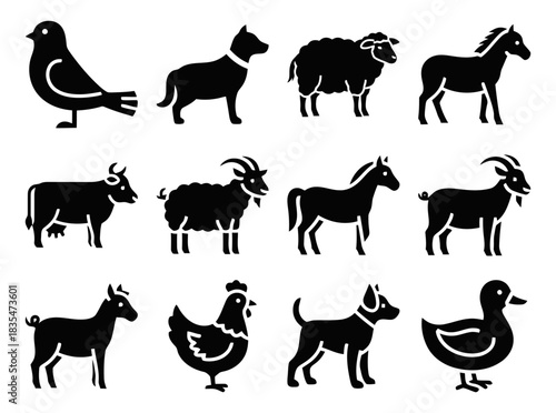 Solid filled farm animal icon set featuring a cowbell cow sheep goat pig horse chicken and duck for agricultural and rustic designs