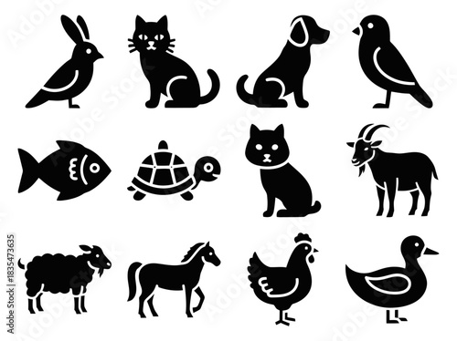 Charming solid filled icon set featuring a cowbell and diverse farm animals including cow sheep goat pig horse chicken duck and dog