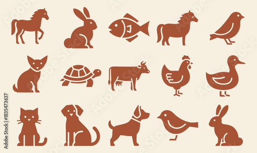 Comprehensive collection of solid filled companion animal icons featuring dog cat bird rabbit horse fish turtle hamster on a brown background