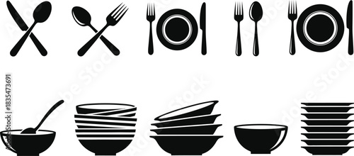 Black and white dinnerware set illustration for restaurant design
