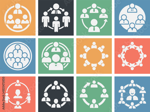 Solid filled social group community team leadership circles icon set with color variations and grid layout