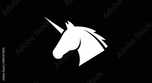 Elegant White Unicorn Head Silhouette on Black Background - A Symbol of Magic and Purity.