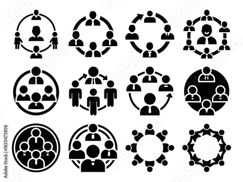 Solid filled social group community team leadership circle icons representing social connection support and collaboration
