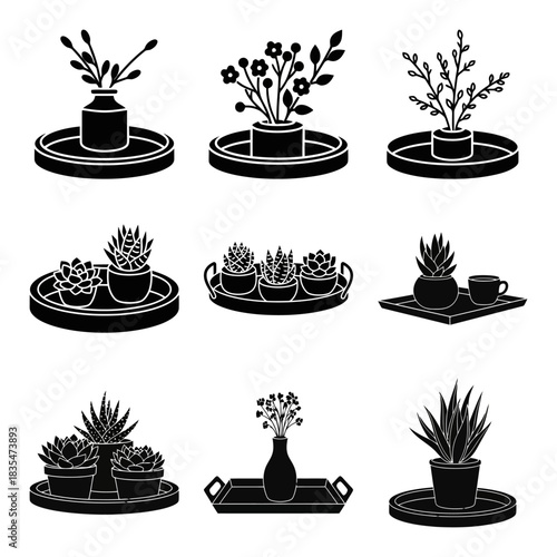 Solid filled decorative tray icon set featuring candle holder dried flowers and succulents for design projects