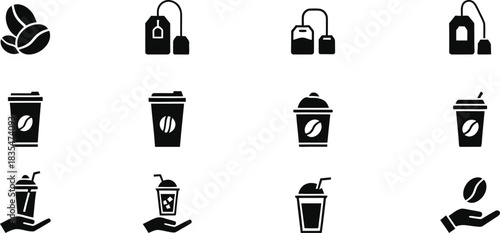 Coffee and tea icon set in simple black style