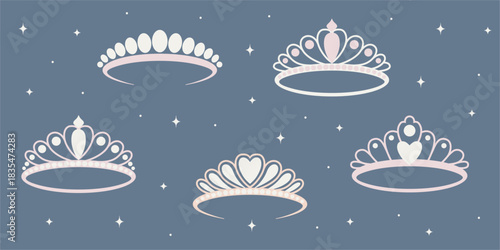 Princess tiara clipart set in Cloud Dancer inspired palette. Cute pastel tiara illustrations with sparkles and Cloud Dancer tones. Fairy princess crown clipart set using Cloud Dancer colors