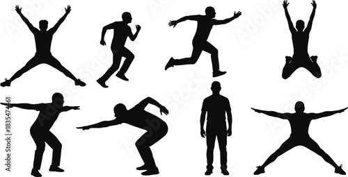 Silhouettes of people exercising in various poses on white