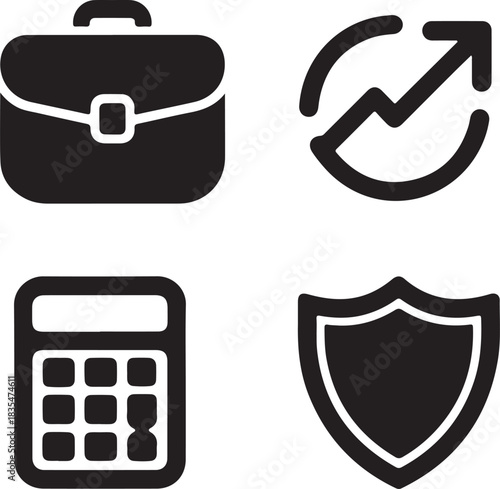 Business and finance icon set portfolio growth chart calculator and shield